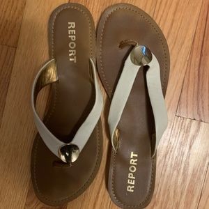 Report flip flops thong sandals white with gold